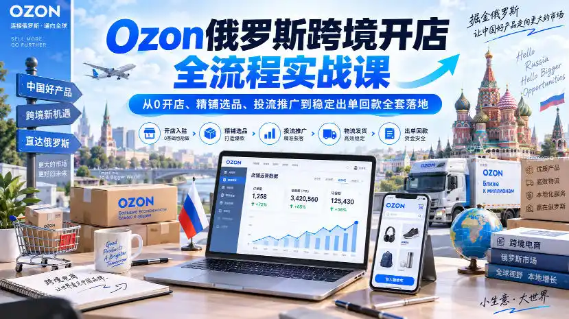Ozon俄罗斯跨境开店全流程实战课｜从0开店、精铺选品、投流推广到稳定出单回款全套落地-天梦资源网