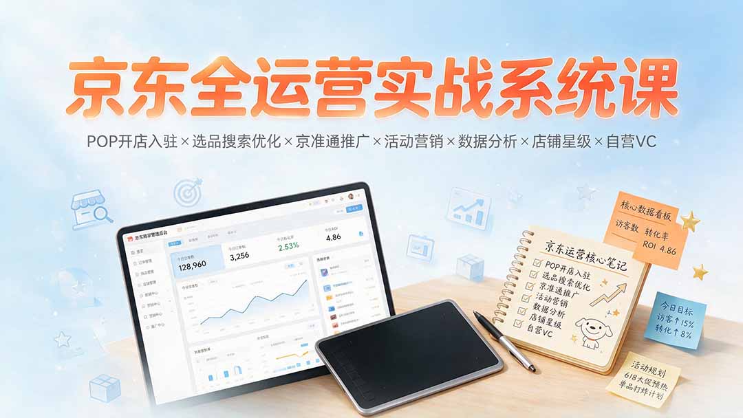 京东全运营实战系统课：POP开店入驻×选品搜索优化×京准通推广×活动营销×数据分析×店铺星级×自营VC-天梦资源网