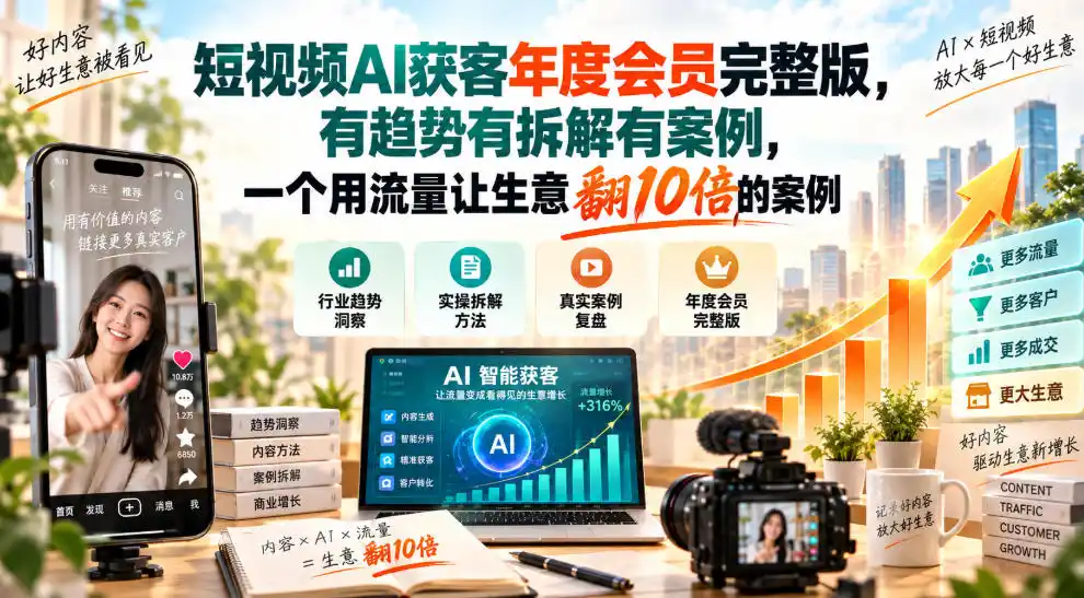 短视频AI获客年度会员完整版，有趋势有拆解有案例，一个用流量让生意翻10倍的案例-天梦资源网