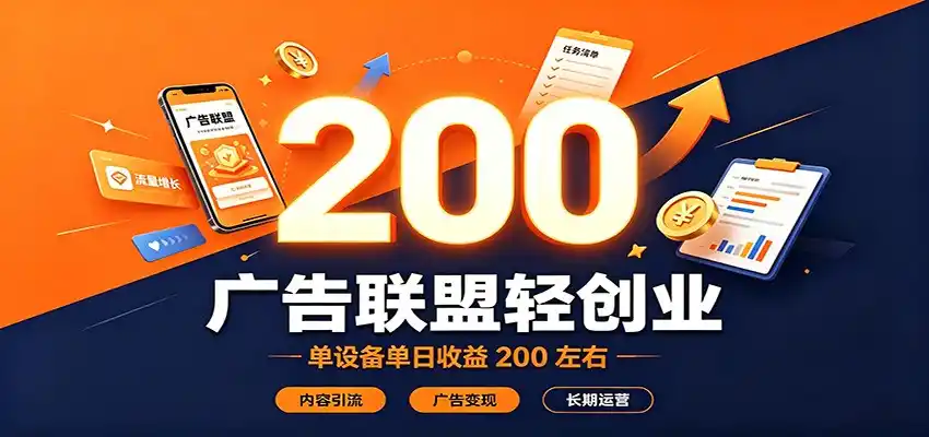 广告联盟轻创业，单设备单日收益200左右，内容引流广告变现长期运营-天梦资源网
