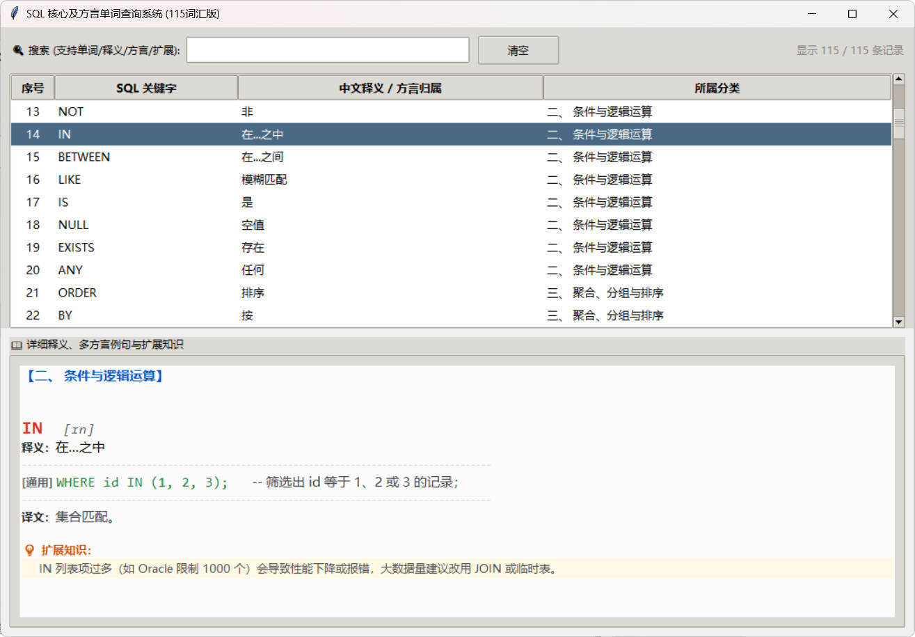 SQL常用核心单词查询115词客户端-天梦资源网