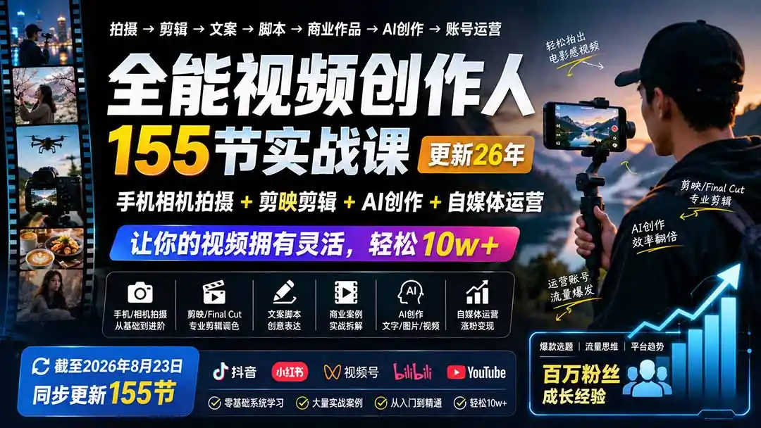 全能视频创作人155节实战课-更新26年8月：手机相机拍摄+剪映剪辑+AI创作+自媒体运营，让你的视频拥有灵活，轻松10w-天梦资源网