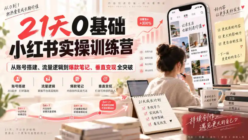 21天0基础小红书实操训练营｜从账号搭建、流量逻辑到爆款笔记、垂直变现全突破-天梦资源网