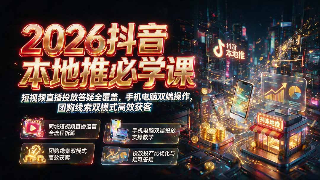2026抖音本地推必学课｜短视频直播投放答疑全覆盖，手机电脑双端操作，团购线索双模式高效获客-天梦资源网