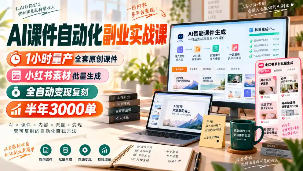 AI课件自动化副业实战课，1小时量产全套原创课件，小红书素材批量生成，全自动变现复刻，半年3000单-天梦资源网