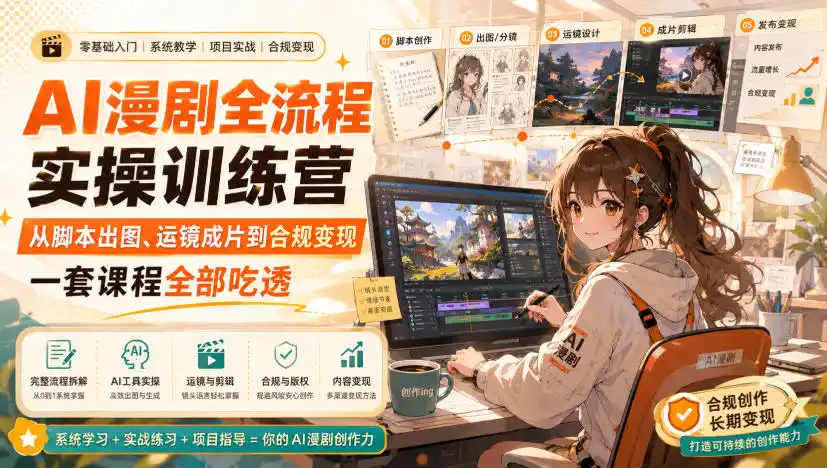 AI漫剧全流程实操训练营，从脚本出图、运镜成片到合规变现，一套课程全部吃透-天梦资源网