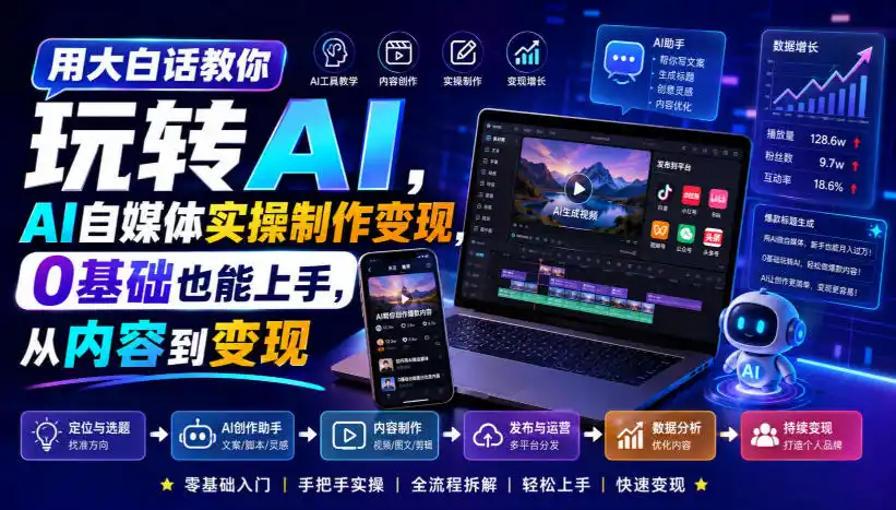 用大白话教你玩转AI，AI自媒体实操制作变现，0基础也能上手，从内容到变现-天梦资源网