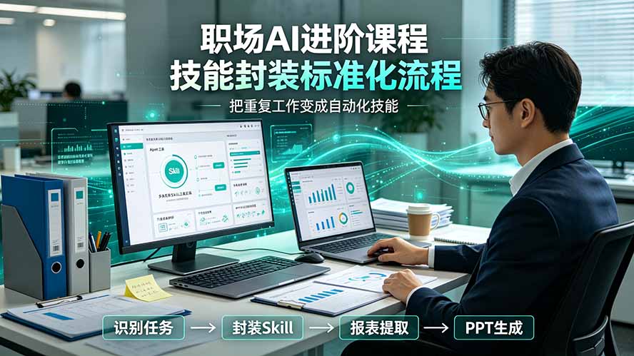 职场AI进阶课程；多类实用Skill工具实操，专属技能封装标准化流程，报表行业报告一键提取核心内容-天梦资源网