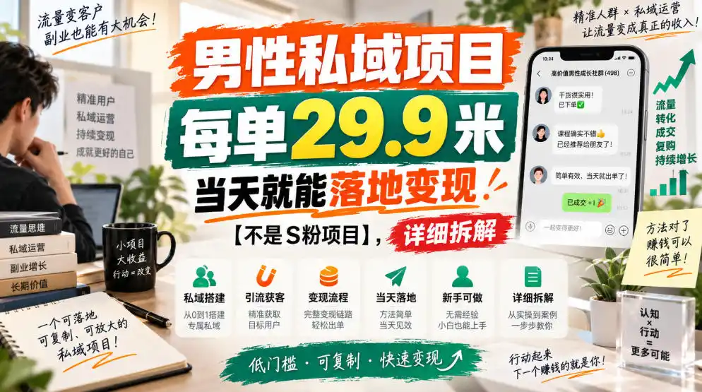 男性私域项目，每单29.9米，当天就能落地变现【不是S粉项目】，详细拆解-天梦资源网
