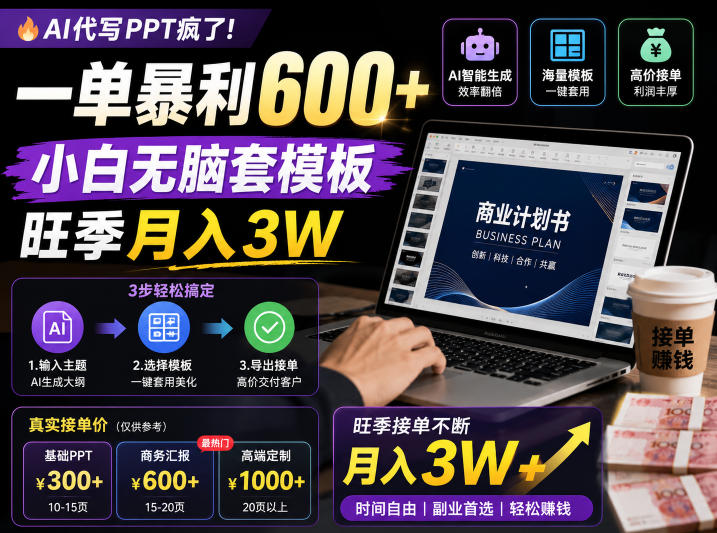 AI代写PPT疯了！一单暴利600+，小白无脑套模板，旺季月入3W，不用苦哈哈引流【揭秘】-天梦资源网