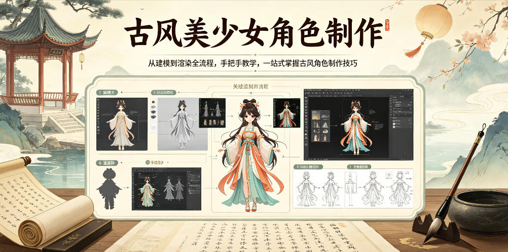 古风美少女角色制作，从建模到渲染全流程，手把手教学，一站式掌握古风角色制作技巧-天梦资源网