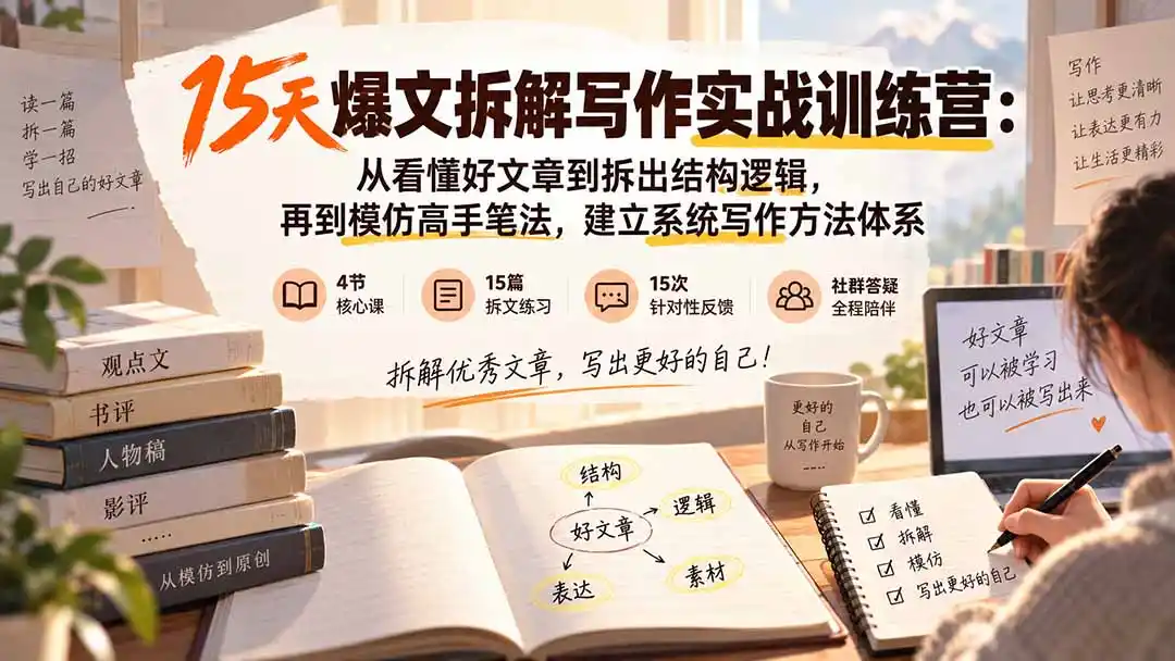 15天爆文拆解写作实战训练营：从看懂好文章到拆出结构逻辑，再到模仿高手笔法，建立系统写作方法体系-天梦资源网