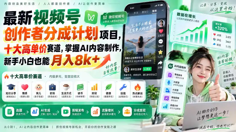 最新视频号创作者分成计划项目,十大高单价赛道,掌握AI内容制作,新手小白也能月入8k+