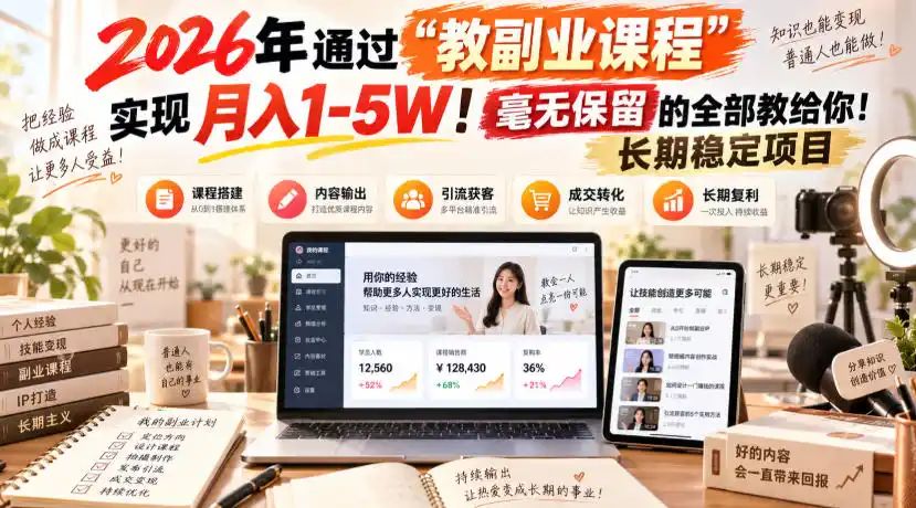 2026年通过“教副业课程”实现月入1-5W！毫无保留的全部教给你！长期稳定项目-天梦资源网