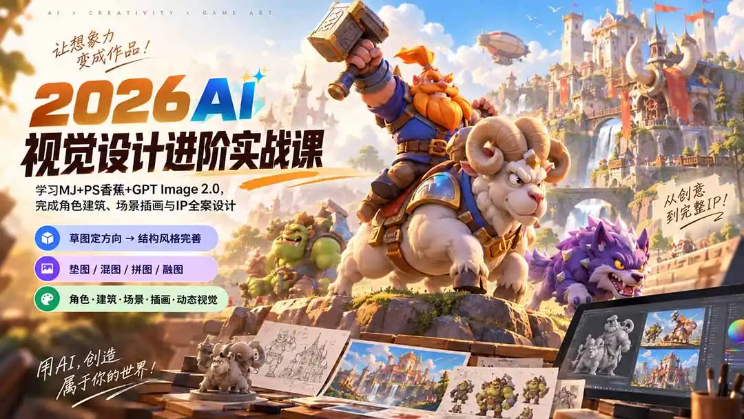 2026AI视觉设计进阶实战课-更新：学习MJ+PS香蕉+GPT Image 2.0，完成角色建筑、场景插画与IP全案设计-天梦资源网