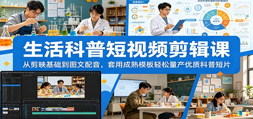 生活科普短视频剪辑课:从剪映基础到图文配音,套用成熟模板轻松量产优质科普短片-天梦资源网