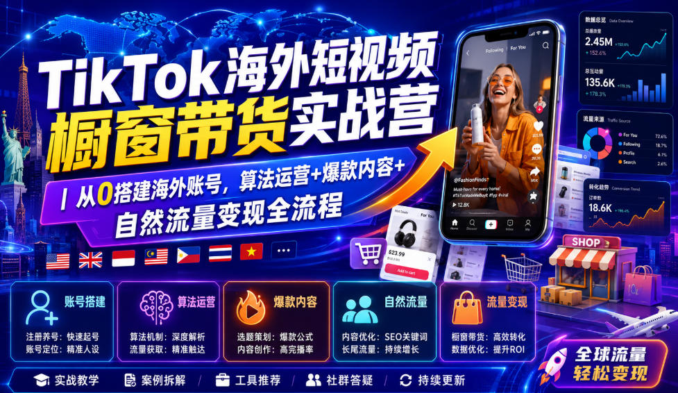 TikTok海外短视频橱窗带货实战营｜从0搭建海外账号，算法运营+爆款内容+自然流量变现全流程-天梦资源网