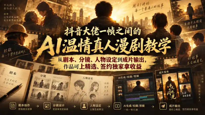 抖音大佬一帧之间的AI温情真人漫剧教学，从剧本、分镜、人物设定到成片输出，作品可上精选、签约独家拿收益-天梦资源网