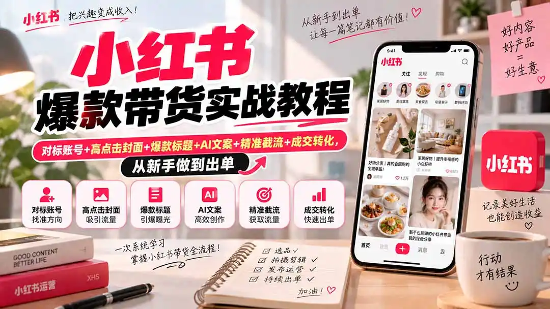 小红书爆款带货实战教程｜对标账号+高点击封面+爆款标题+AI文案+精准截流+成交转化，从新手做到出单-天梦资源网