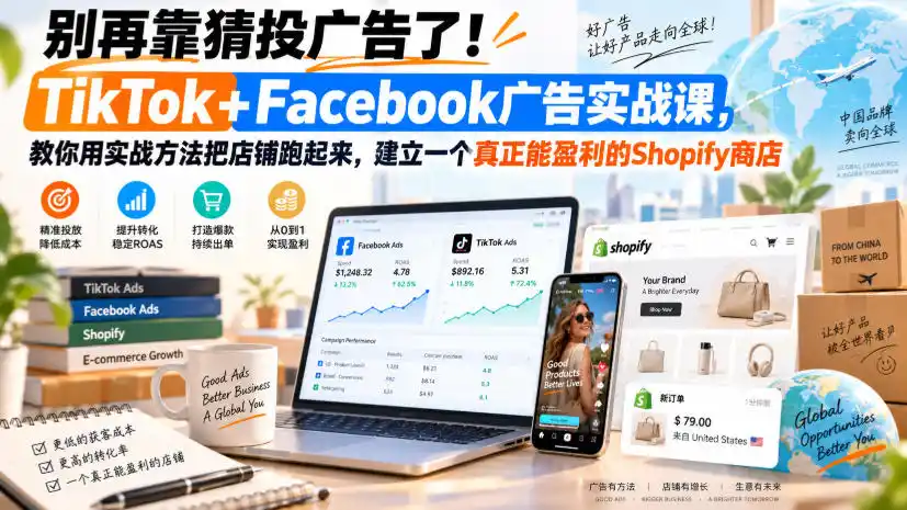 别再靠猜投广告了！TikTok+Facebook广告实战课，教你用实战方法把店铺跑起来，建立一个真正能盈利的Shopify商店【原创双语字幕】-天梦资源网