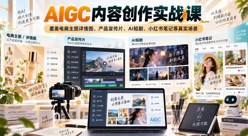 AIGC内容创作实战课，覆盖电商主图详情图、产品宣传片、AI短剧、小红书笔记等真实场景-天梦资源网