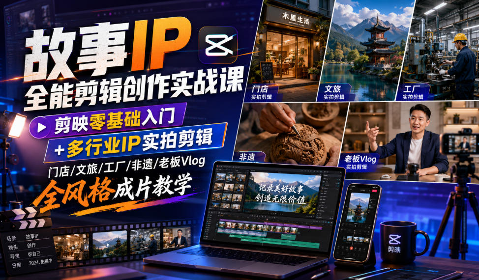 故事IP全能剪辑创作实战课｜剪映零基础入门+多行业IP实拍剪辑，门店/文旅/工厂/非遗/老板Vlog全风格成片教学-天梦资源网