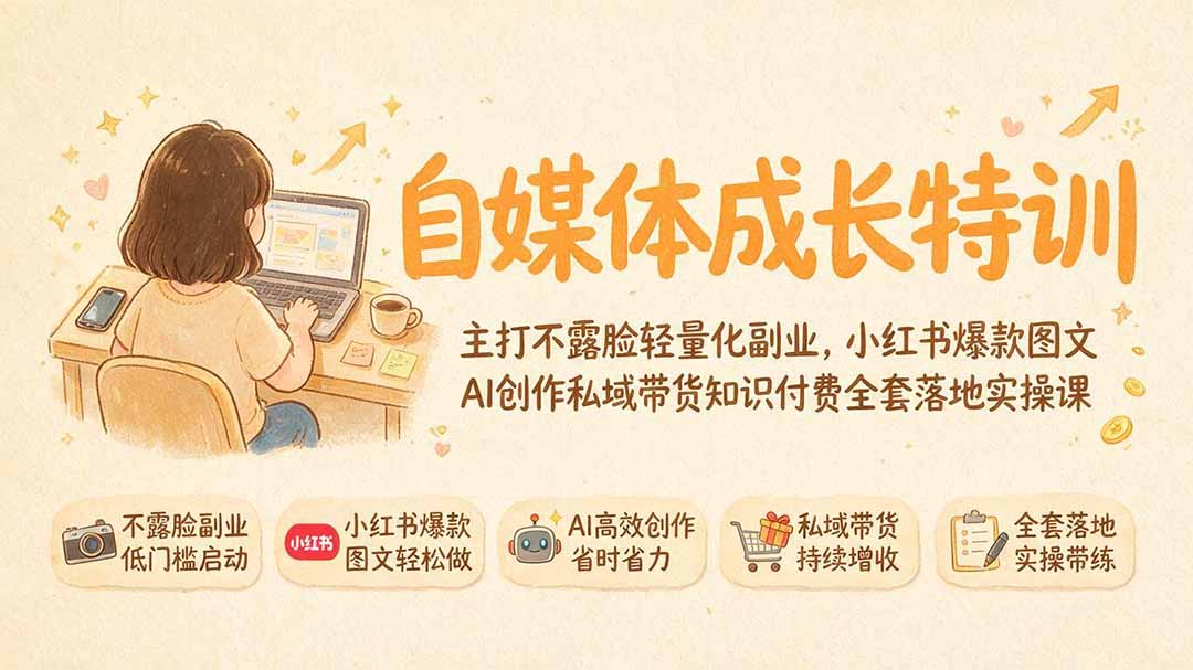 自媒体成长特训｜主打不露脸轻量化副业，小红书爆款图文AI创作私域带货知识付费全套落地实操课-天梦资源网