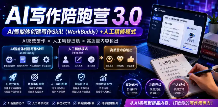 AI写作陪跑营3.0，Ai智能体创建写作skill(workbuddy)+人工手写模式(手搓模式)，去除AI痕迹(头条号、公众号、百家号)(更新0814)-天梦资源网