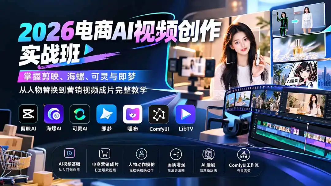 2026电商AI视频创作实战班：掌握剪映、海螺、可灵与即梦，从人物替换到营销视频成片完整教学-天梦资源网