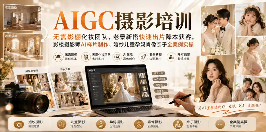 AIGC摄影培训｜无需影棚化妆团队，老景新搭快速出片降本获客，影楼摄影师AI样片制作，婚纱儿童孕妈肖像亲子全案例实操-天梦资源网