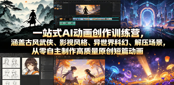 一站式AI动画创作训练营，涵盖古风武侠、影视风格、异世界科幻、解压场景，从零自主制作高质量原创短篇动画-天梦资源网
