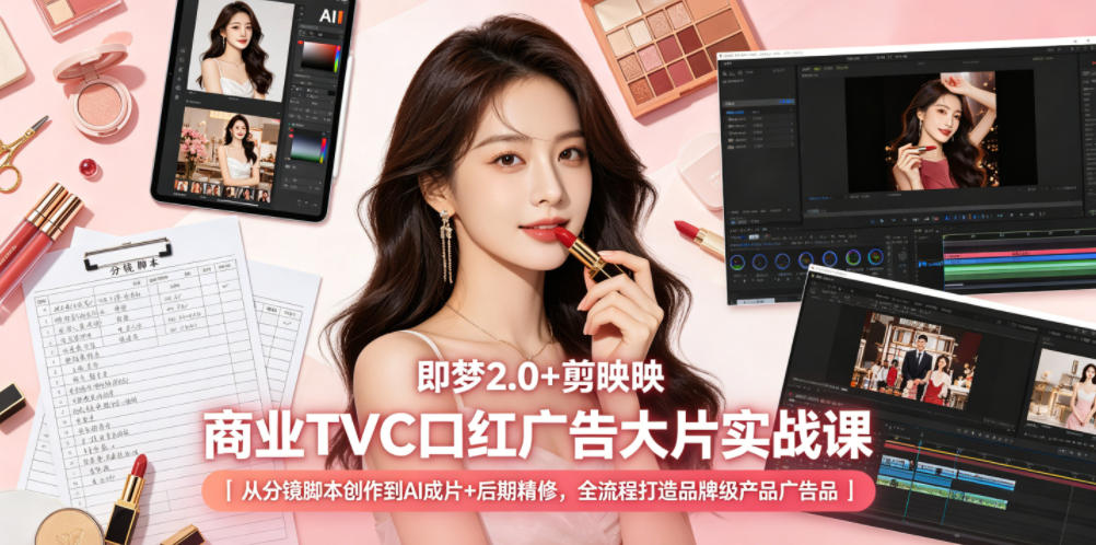 即梦2.0+剪映商业TVC口红广告大片实战课｜从分镜脚本创作到AI成片+后期精修，全流程打造品牌级产品广告-天梦资源网