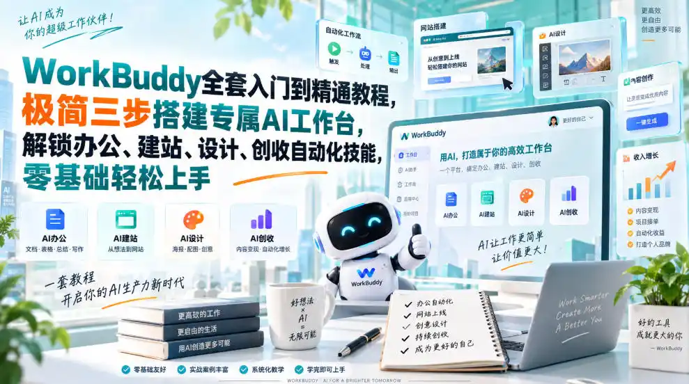 WorkBuddy全套入门到精通教程，极简三步搭建专属AI工作台，解锁办公、建站、设计、创收自动化技能，零基础轻松上手-天梦资源网