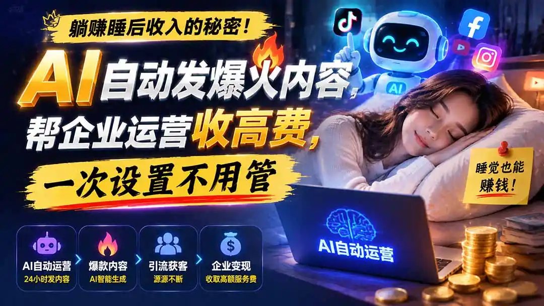 躺赚睡后收入的秘密！AI 自动发爆火内容，帮企业运营收高费，一次设置不用管【原创双语字幕】-天梦资源网