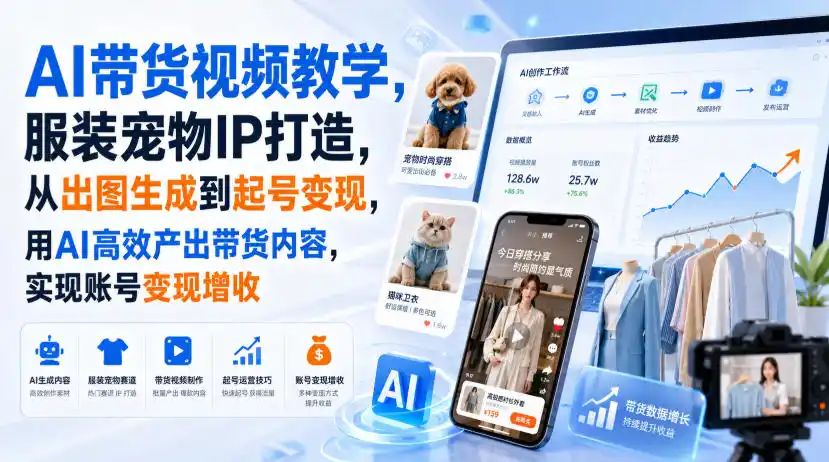 AI带货视频教学，服装宠物IP打造，从出图生成到起号变现，用AI高效产出带货内容，实现账号变现增收-天梦资源网