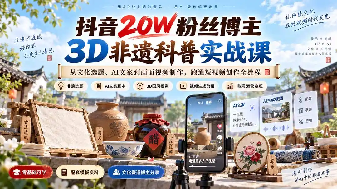 抖音20W粉丝博主3D非遗科普实战课：从文化选题、AI文案到画面视频制作，跑通短视频创作全流程-天梦资源网