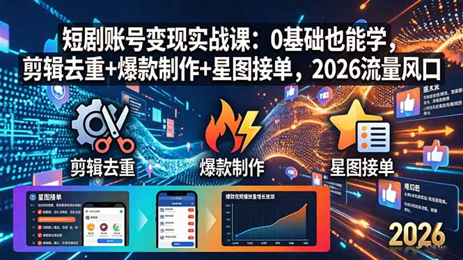 短剧账号变现实战课：0基础也能学，剪辑去重+爆款制作+星图接单，2026流量风口-天梦资源网