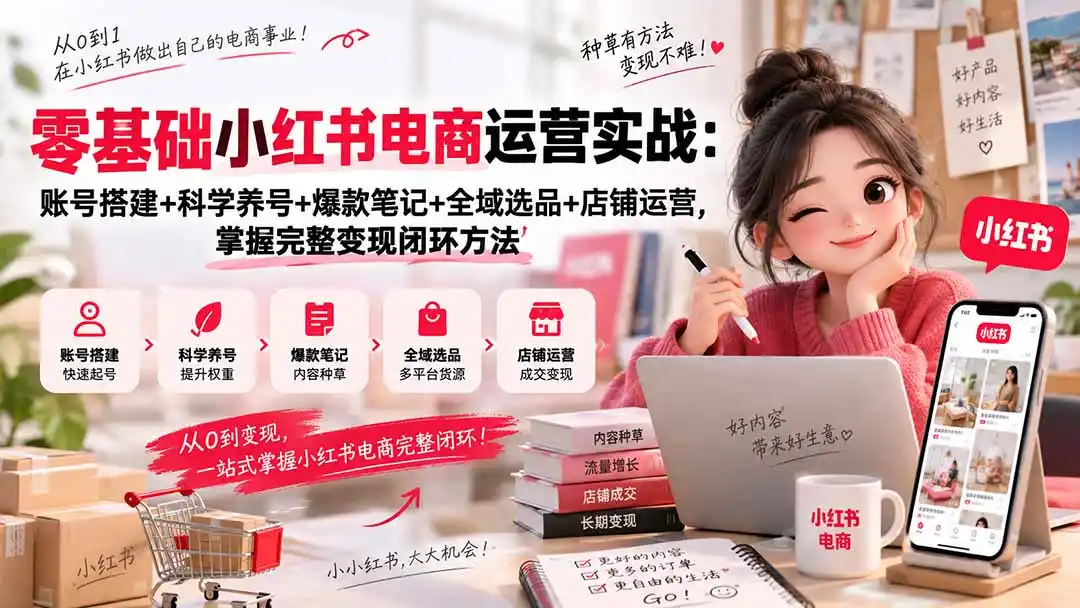 零基础小红书电商运营实战：账号搭建+科学养号+爆款笔记+全域选品+店铺运营，掌握完整变现闭环方法-天梦资源网