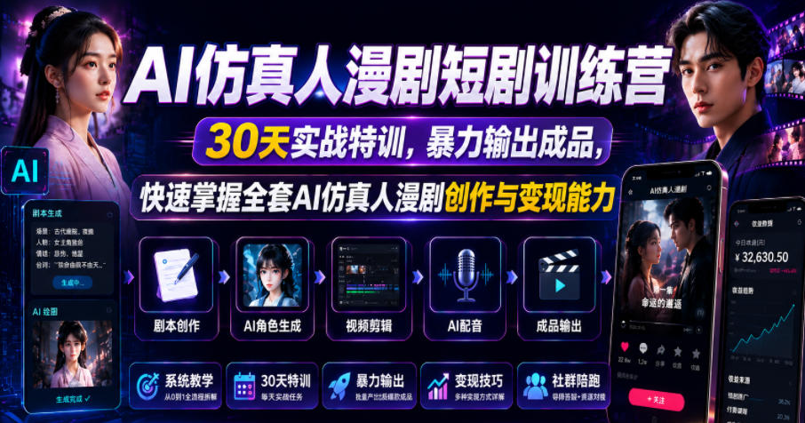 AI仿真人漫剧短剧训练营，30天实战特训，暴力输出成品，快速掌握全套AI仿真人漫剧创作与变现能力-天梦资源网