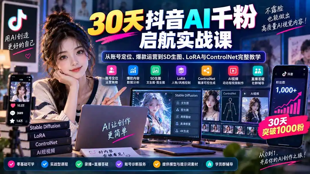 30天抖音AI千粉启航实战课：从账号定位、爆款运营到SD生图、LoRA与ControlNet完整教学-天梦资源网