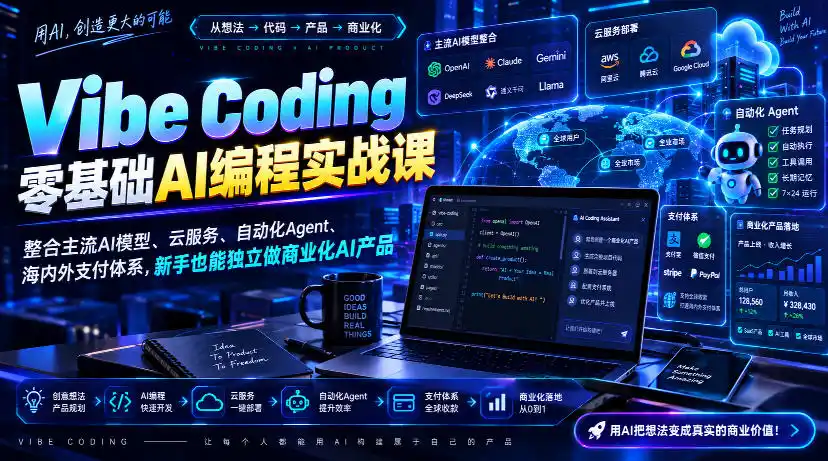 Vibe Coding零基础AI编程实战课-无水印，整合主流AI模型、云服务、自动化Agent、海内外支付体系，新手也能独立做商业化AI产品-天梦资源网