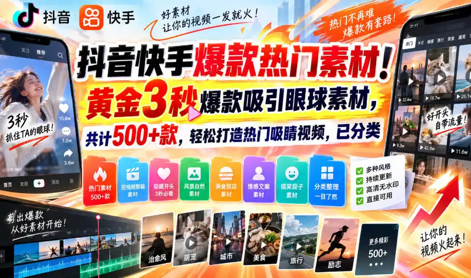 抖音快手爆款热门素材！黄金3秒爆款吸引眼球素材，共计500+款，轻松打造热门吸睛视频，已分类-天梦资源网