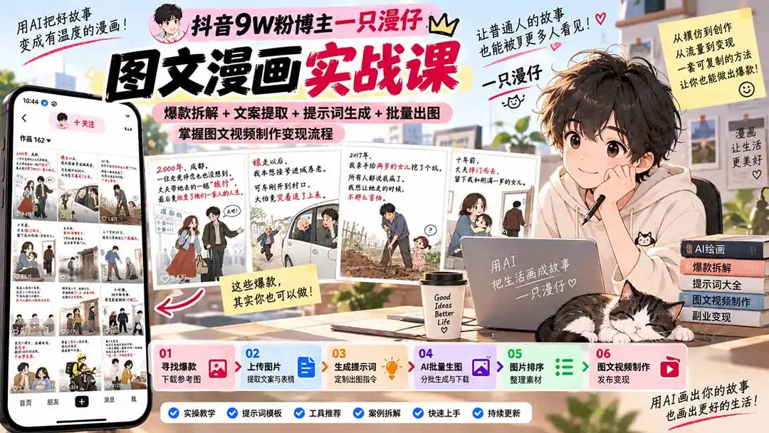 抖音9W粉博主一只漫仔图文漫画课：爆款拆解+文案提取+提示词生成+批量出图，掌握图文视频制作变现流程-天梦资源网