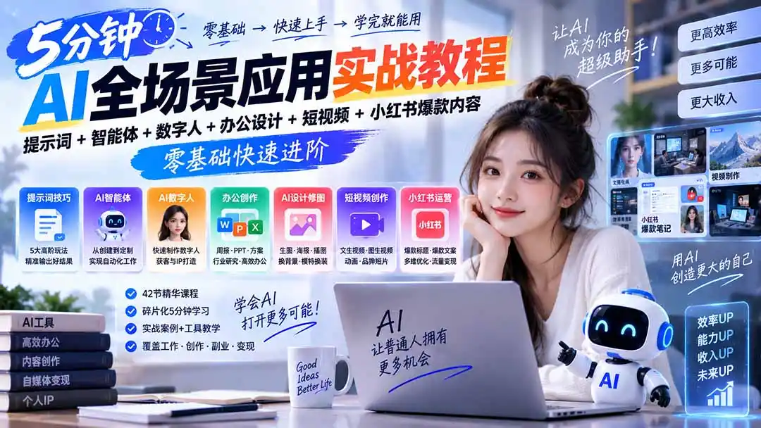 AI全场景应用实战教程｜提示词+智能体+数字人+办公设计+短视频+小红书爆款内容，零基础快速进阶-天梦资源网