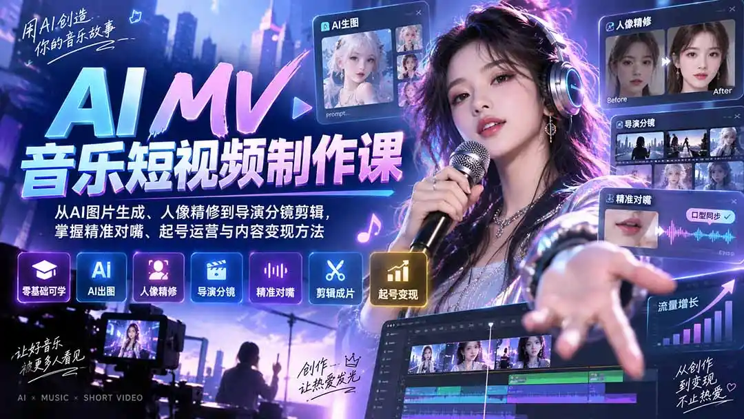 AI MV音乐短视频制作课：从AI图片生成、人像精修到导演分镜剪辑，掌握精准对嘴、起号运营与内容变现方法-天梦资源网