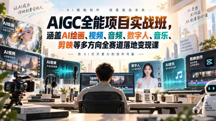 AIGC全能项目实战班，涵盖AI绘画、视频、音频、数字人、音乐、剪映等多方向全赛道落地变现课-天梦资源网