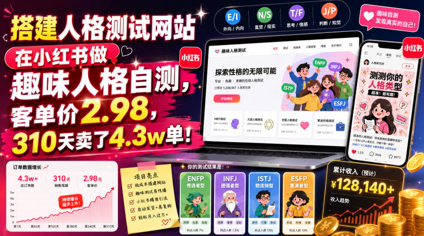 搭建人格测试网站在小红书做趣味人格自测，客单价2.98，310天卖了4.3w单！-天梦资源网