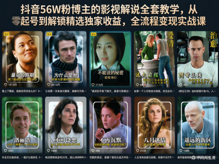 抖音56W粉博主的影视解说全套教学，从零起号到解锁精选独家收益，全流程变现实战课-天梦资源网