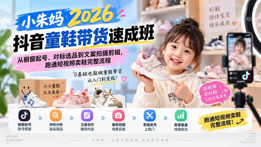 小朱妈2026抖音童鞋带货速成班：从橱窗起号、对标选品到文案拍摄剪辑，跑通短视频卖鞋完整流程-天梦资源网