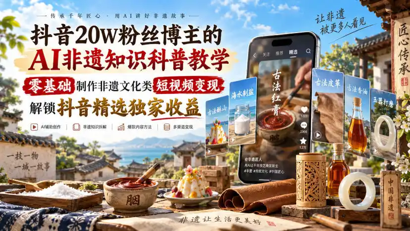 抖音20W粉丝博主的AI非遗知识科普教学，零基础制作非遗文化类短视频变现，解锁抖音精选独家收益-天梦资源网